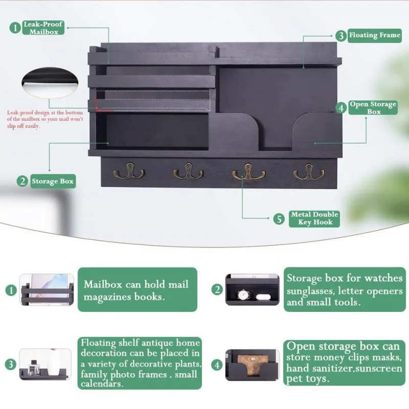 더블 후크 4 개가 있는 나무 키 홀더 박스, 벽걸이 선반 포함, 홈 데코 아파트용 수제