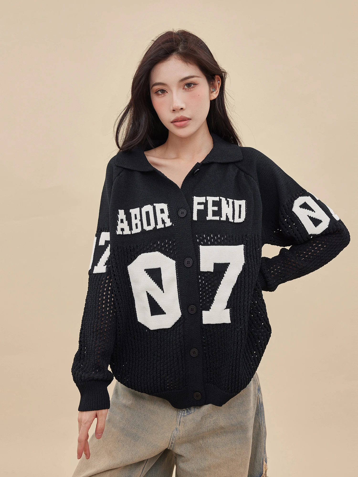 

Американский ретро-свитер с вышивкой и воротником-стойкой, женский, осенний, новый, с вышивкой букв, вязаный, без застежек