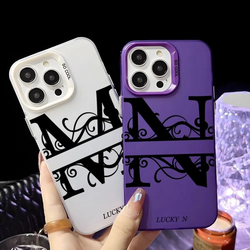 

Lucky Letter MNOPQR Phone Case For IPhone 16 15 14 13 12 11 Pro Max White Purple Matte Laser Metallic Aurora Funda