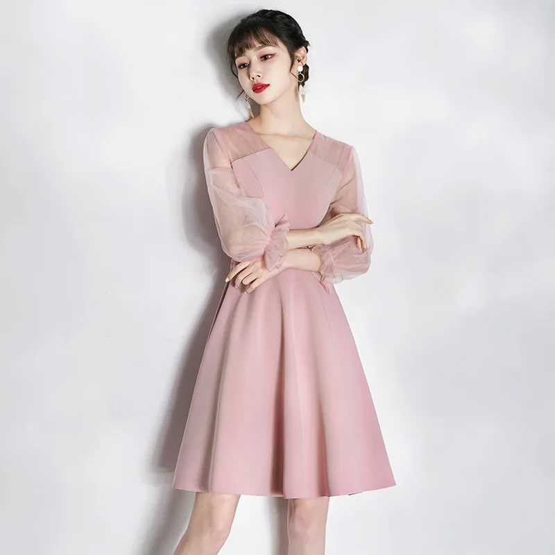 Mini V Neck Skirt Lantern Sleeve Solid Color Toasting Clothes Evening Dress Short Bean Paste Powder Pleated Dress Banquet Dress