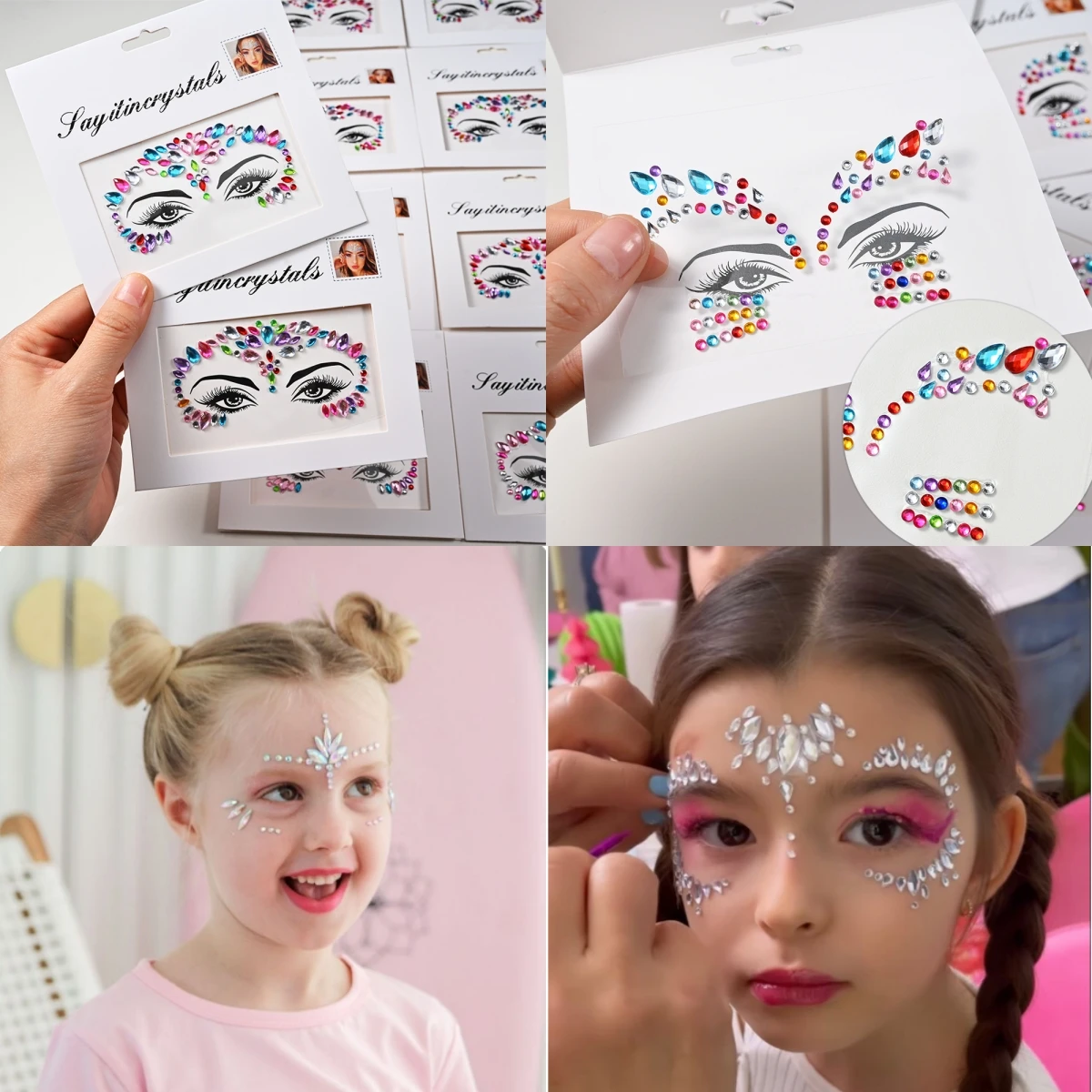 Pegatinas de maquillaje de colores para niños, 5 piezas, diamantes de cristal, piedras preciosas, vacaciones, purpurina, fiesta, adhesivo, tatuajes