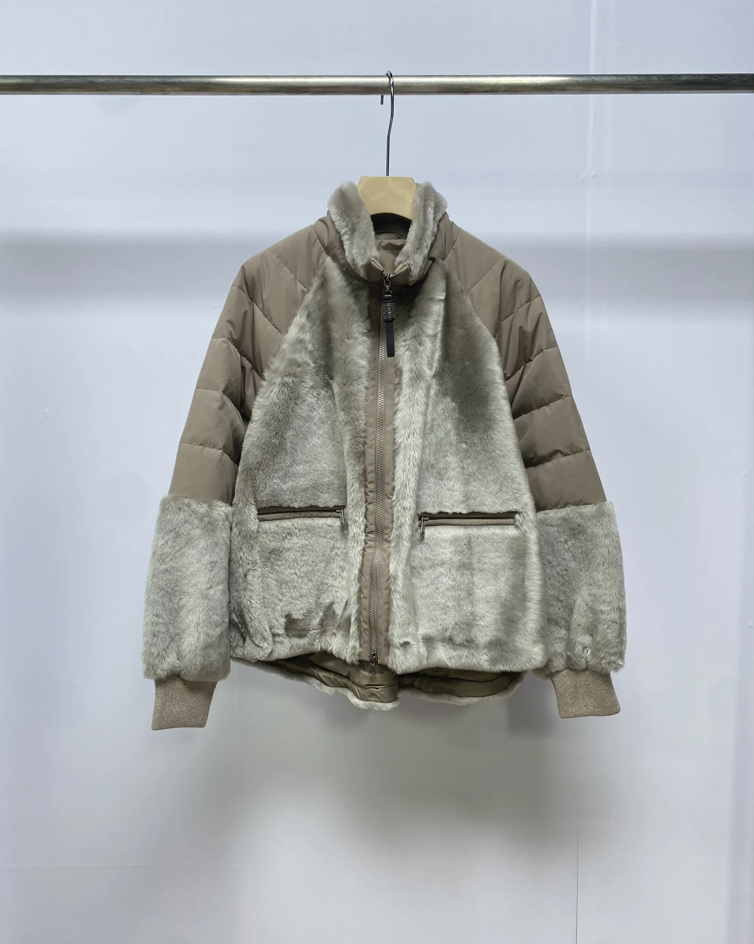 Cashmere Fur Integrated Goose Down Jacket for Women, Casual Zipper Clothes, High Quality, B, C, Fashion, Ladies