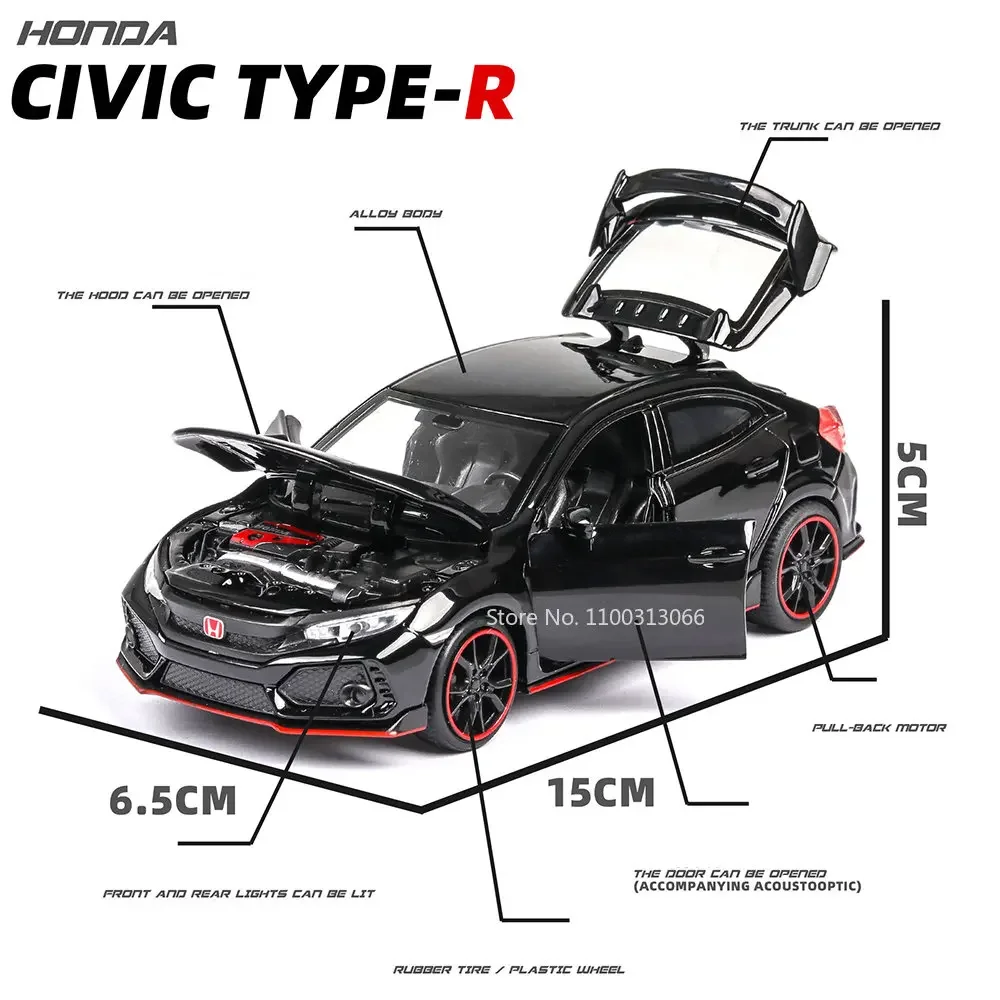 Schaal 1:32 Honda Civic Type-R Speelgoedauto's Diecast-modellen Trek speelgoedvoertuigen met geluidslicht Voertuig voor kinderen Collectiegeschenken