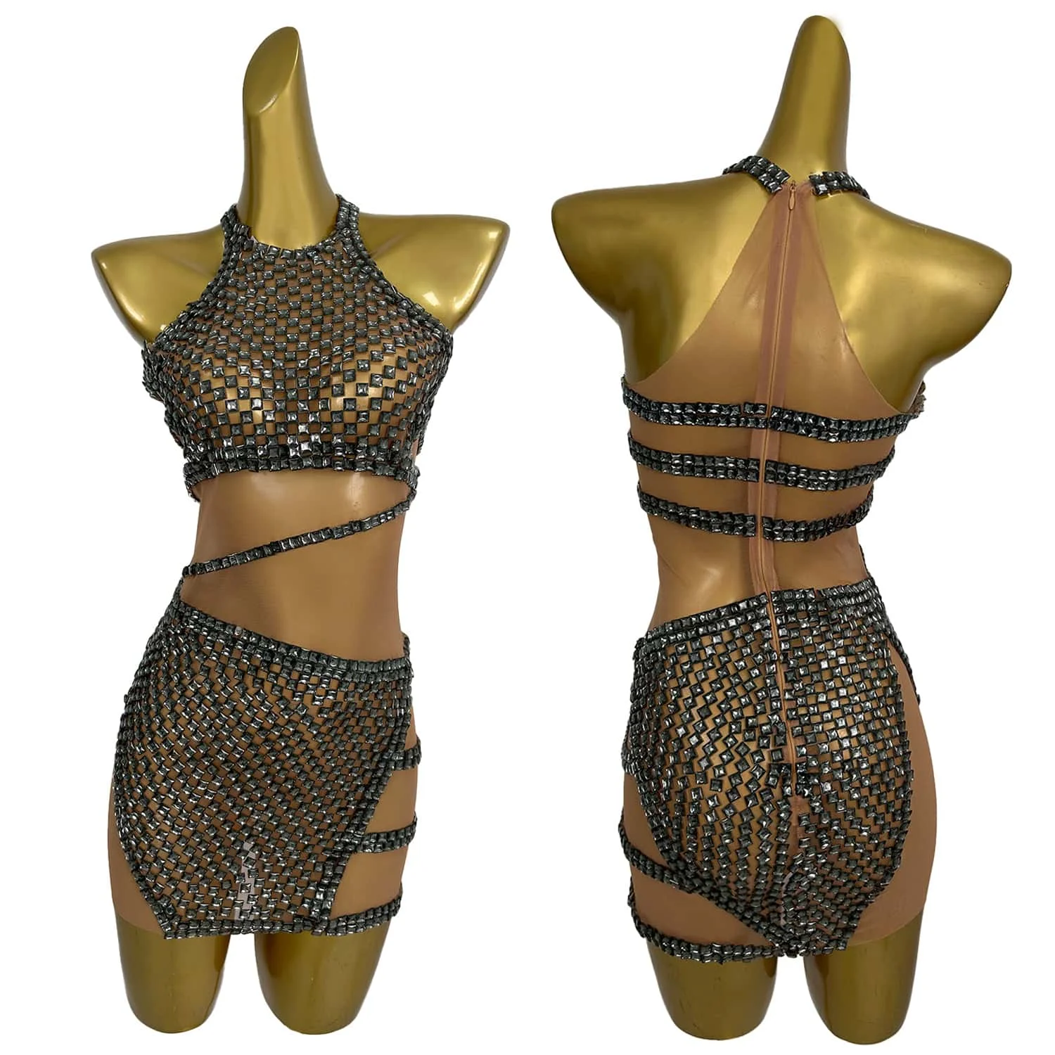 

Sparkly Diamonds Mini Dresses for Women Sexy Mesh Transparent Nightlub Performance Singer Costume Show Stage Wear Mofang