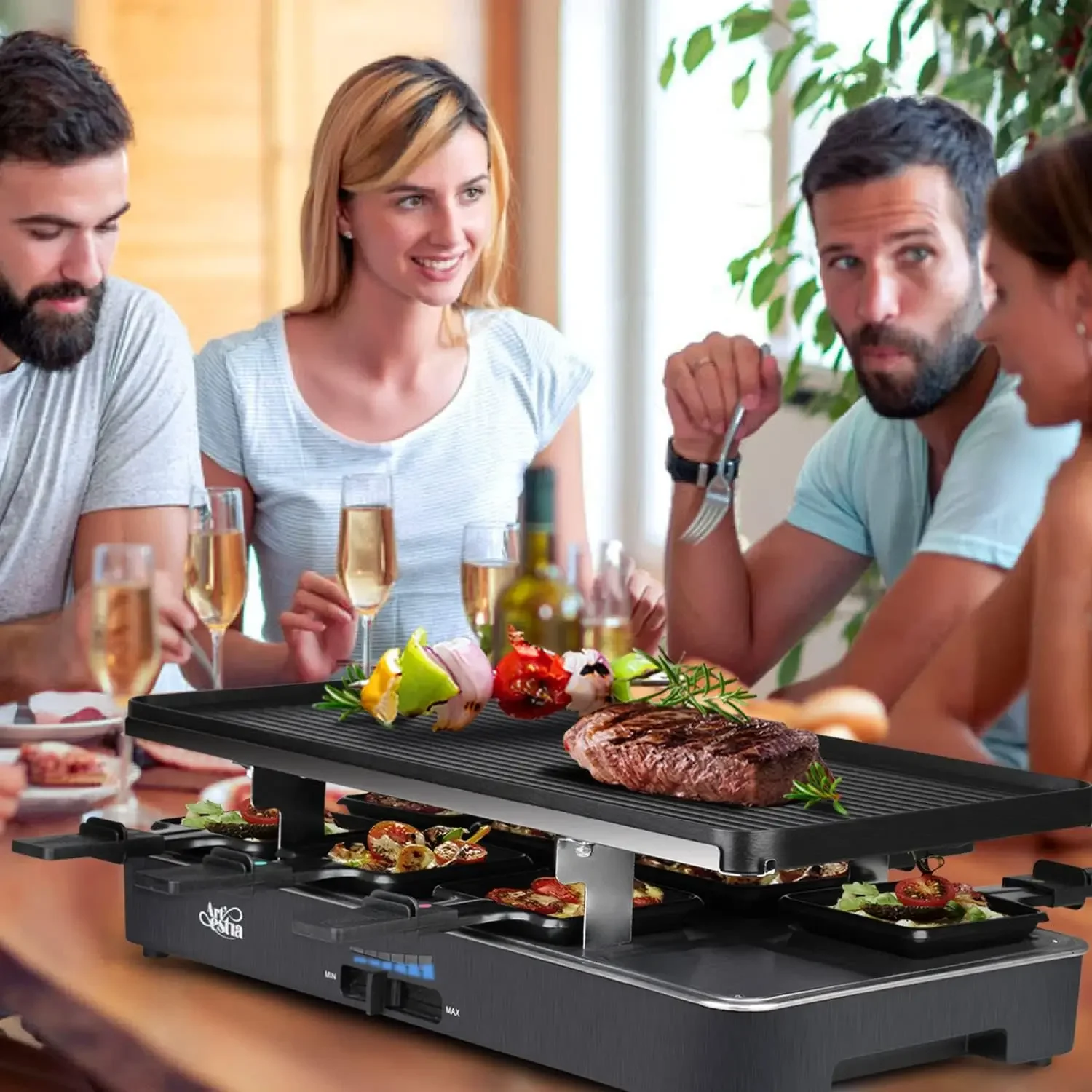 1700W Raclette Table Grill with Steak Stone Cooking, 2-in-1 Korean BBQ Grill Electric Indoor Outdoor Cheese Raclette, Non-Stick