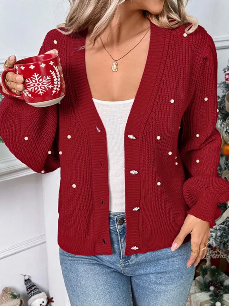 

Christmas Sweater Coat For Women, Sweet Knitted Cardigan V-neck With Pearl Decoration All-match Loose Simple Style Comfortable
