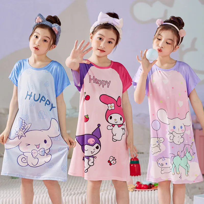 

Cute Sanrio Hello Kitty Dress Girls Cinnamoroll Kuromi Nightgown Anime Pajamas Summer Child Shortsleeve Sleepwear Dress Homewear