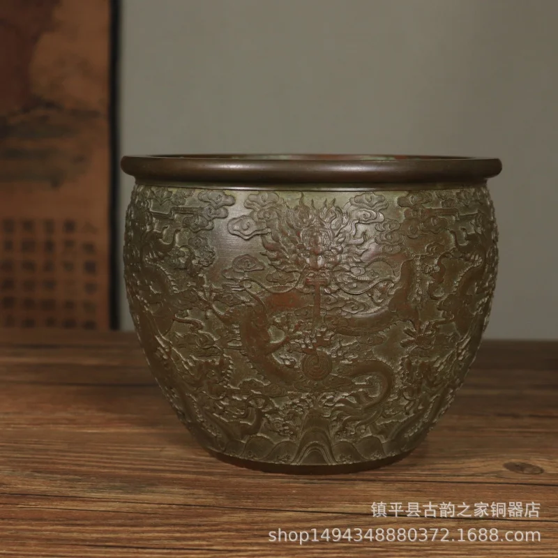 Pure Fine Jujube Red Skin Dragon Pattern Copper Rice Cylinder Ornament Office Living Room