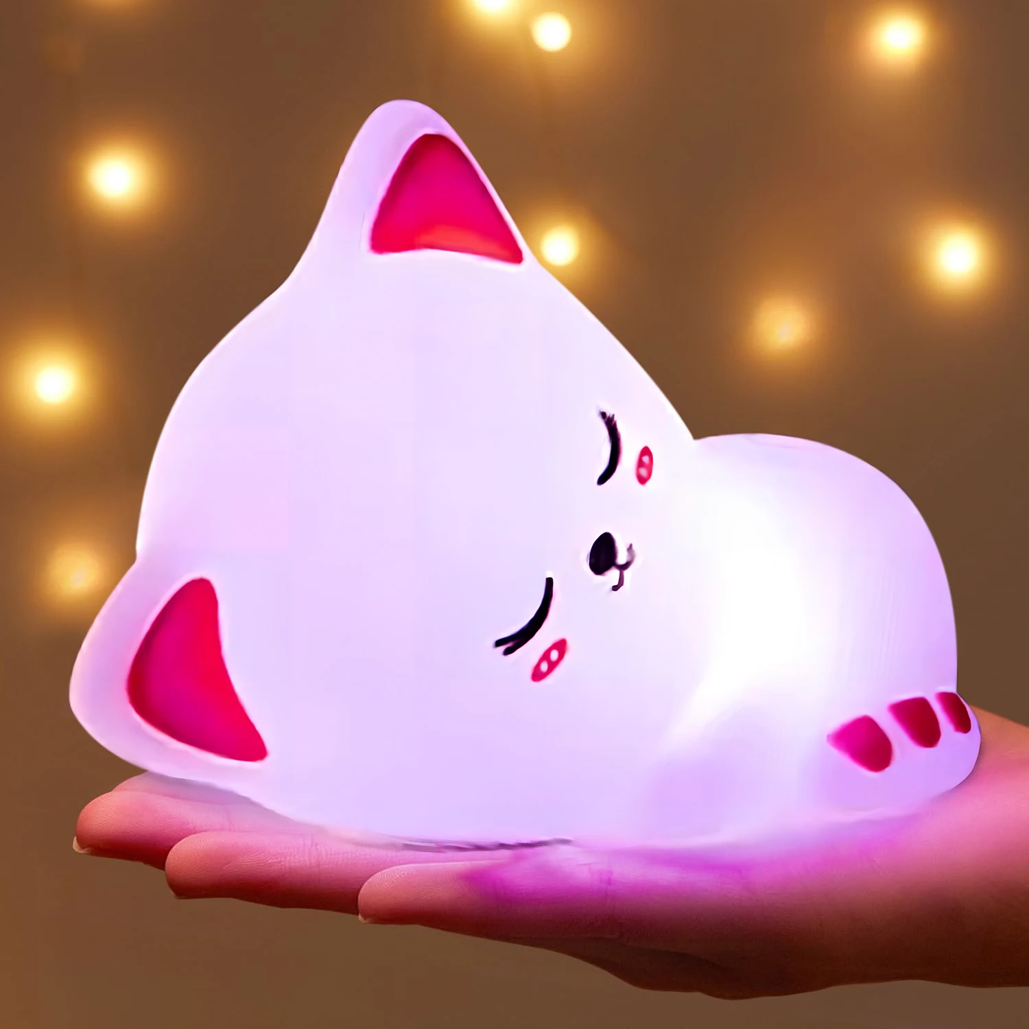 Cute Rechargeable Silicone LED Cat Night Light Kawaii Children's Bedroom Sleep RGB Desk Lamp Animal Touch Control Light with Timer Function Soft Glow Eye-friendly Table Lamp Gift for Kids Girls baby and Nursery or Bedroom Lighting