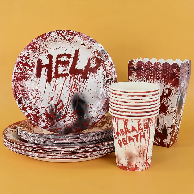 Halloween Horror Bloodstain Disposable Tableware Bloody Handprint Paper Plate Napkin Cup Popcorn Boxes Haunted House Party Decor