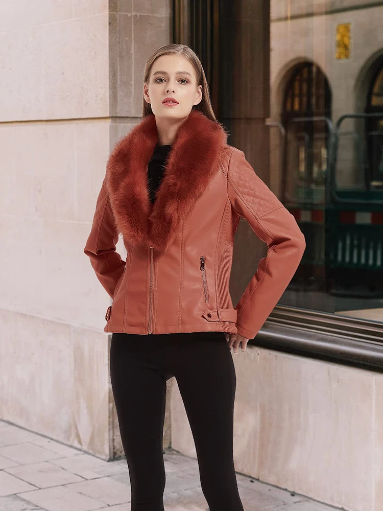 Giolshon-Veste en faux daim pour femme avec col en fourrure, veste en cuir PU, manteau de moto, femme, chaud, hiver, printemps, mode