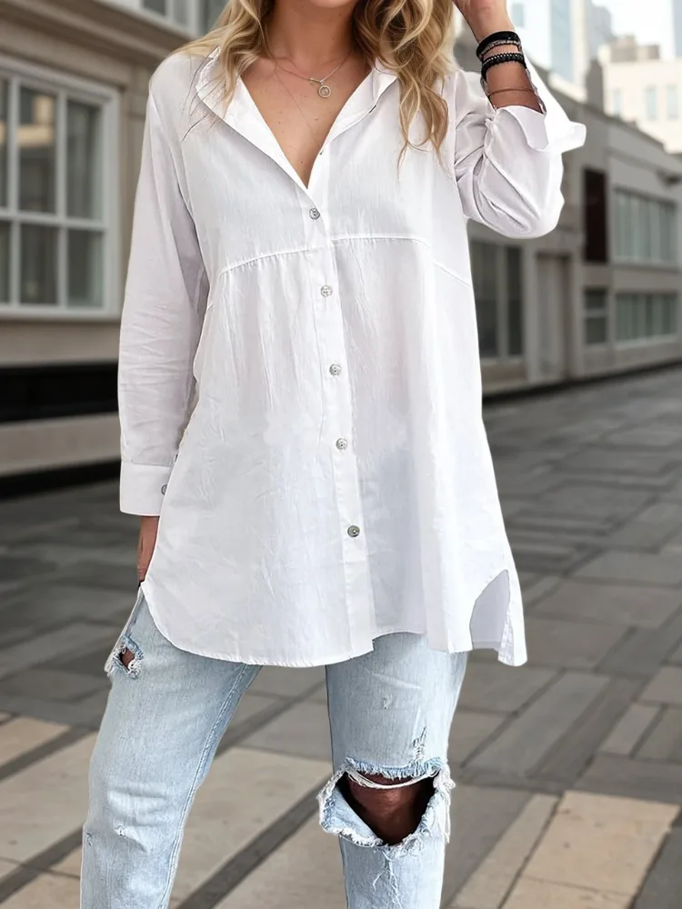 Einfache Damen-Blusen mit V-Ausschnitt, Baumwolle, langärmelig, weiße Farbe, elegant, locker, atmungsaktiv, Y2K-Streetwear-Tunika, geeignet zum Pendeln