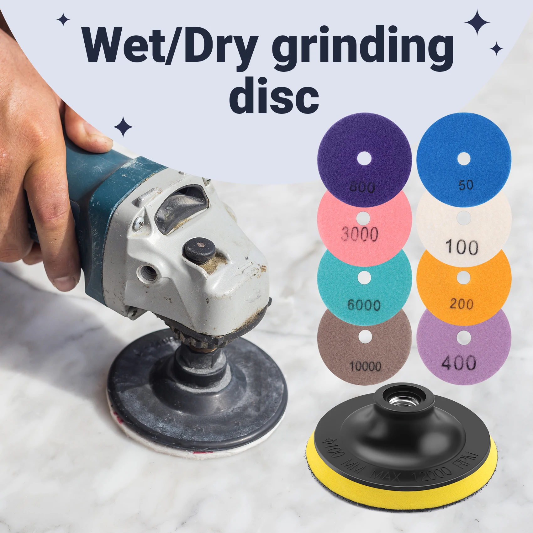 A74U 16Pcs Polishing Pads Kit 4 Inch 100Mm Wet/Dry for Stone Concrete Marble Polishing Use Grinding Discs Set