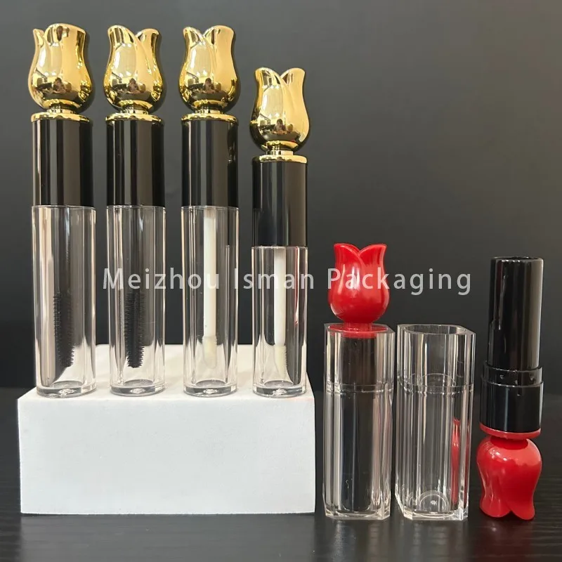 

50pcs New Design Luxury Lipgloss Container Cases High Quality Rose Flower Shape Gold Lipgloss Tubes With Brush 7ml 5ml