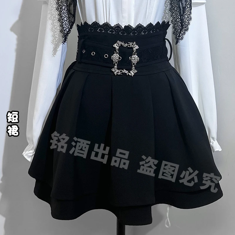 Japanese Mine Style Lace Splicing Big Lapel Bow Long Sleeve Shirt High Waist Belt A-line Suspender Skirt Two-piece Set Women