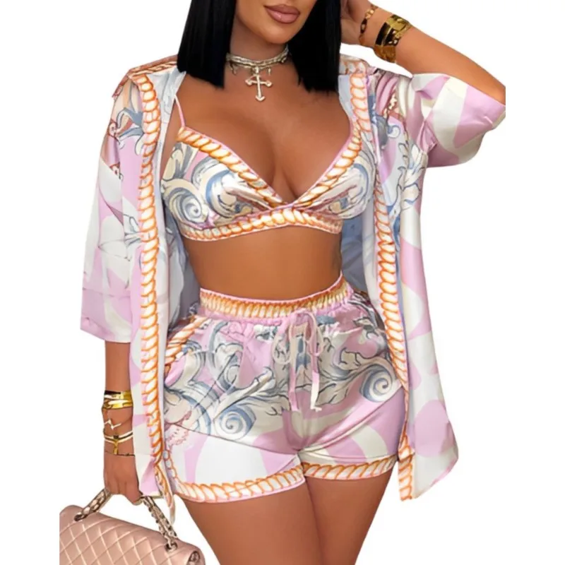 ผู้หญิงพิมพ์สไตล์ชายหาด 3 ชิ้นชุดฤดูร้อนLapelสามไตรมาสแขนเสื้อ + ชุดชั้นใน + กางเกงขาสั้นการจับคู่ 2025 วันหยุดชุดเสื้อผ้า