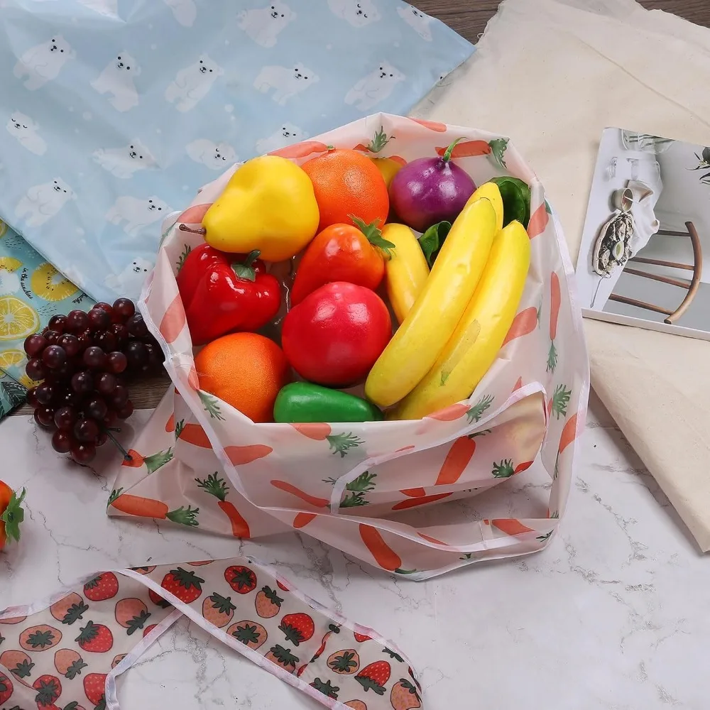 Reusable Printed Washable Grocery Totes, Large Foldable Nylon Heavy-Duty Shopping Bags with Handles for Camping