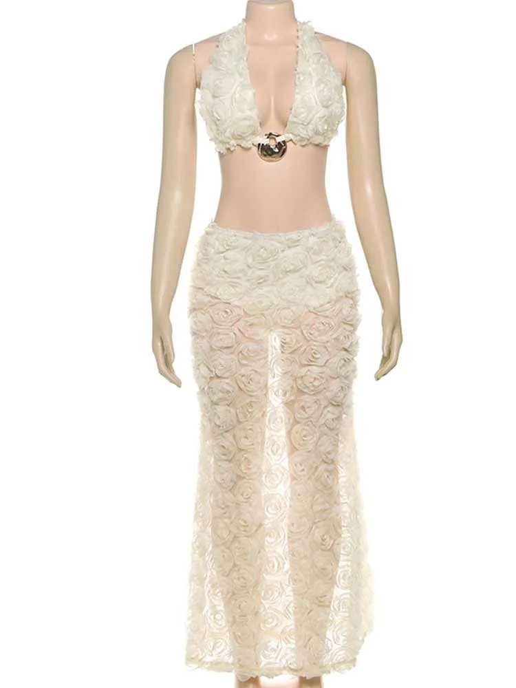 Mcdv halter sexy 3d flor vestido conjunto feminino metal rendas até sutiã topos + calcinha + saia longa terno 2025 verão praia férias outfits y2k