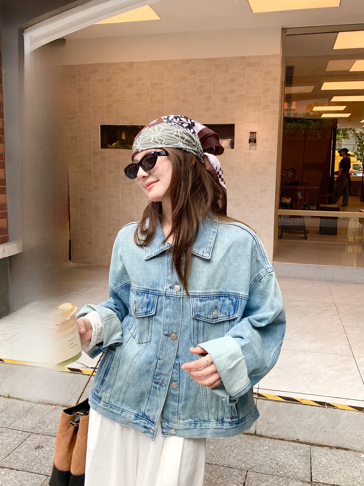 

Retro Denim Jaet Women Worn-look Collar American Sle Loose Casual Long Sve irt Cotton adient Pattern Button Closure