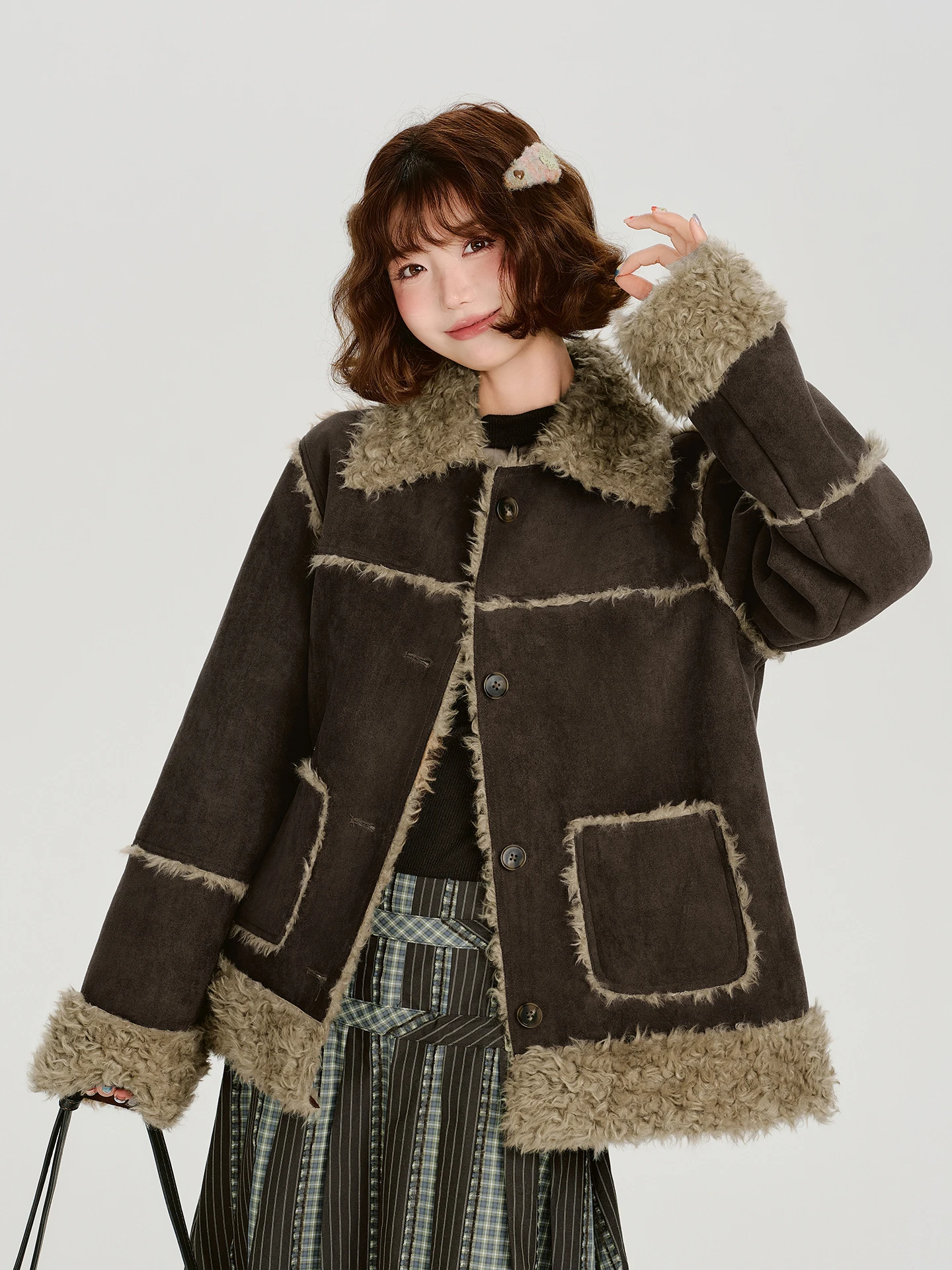 

Girly American Retro Sle Women's Fur Leather Jaet Loose Collar Mid-Length Casual Faion Winter Coat New Design