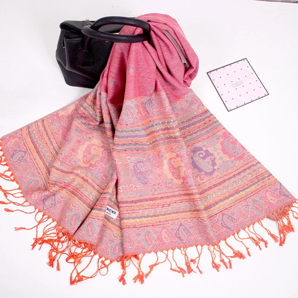 

Retro Long Cashew Jacquard Scarf Soft Polyester Shawls and Wraps with Tassel Print Headscarf