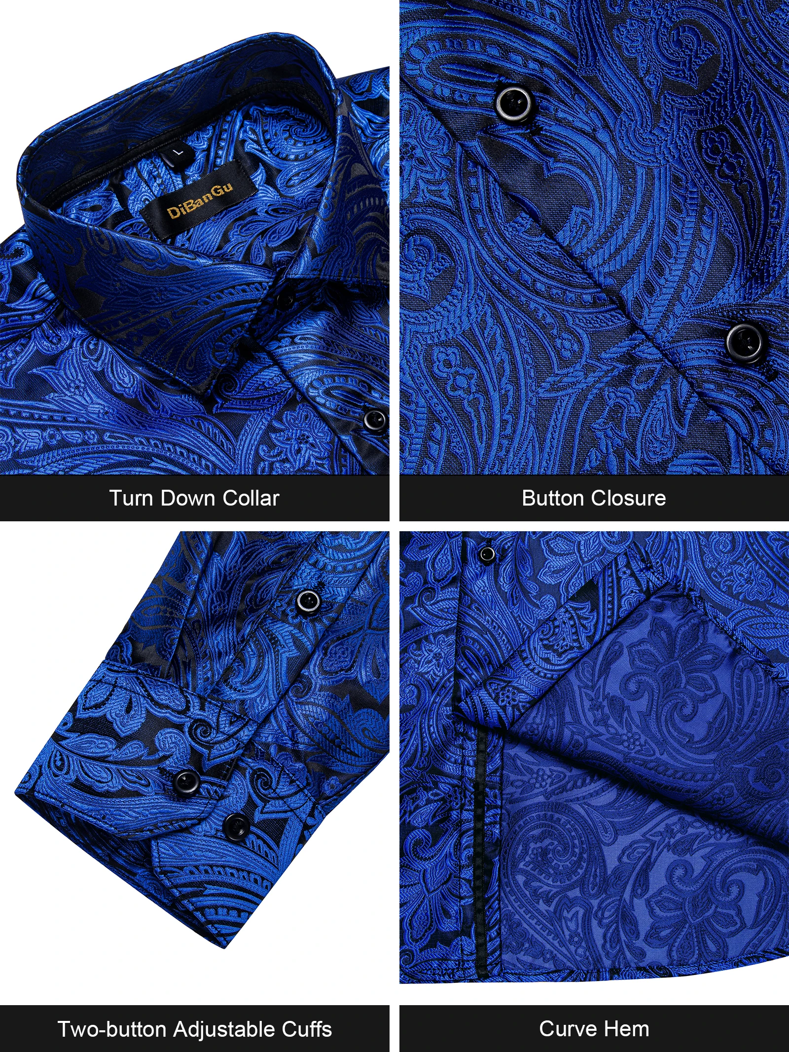 Brand New Men\'s Royal Blue Business Shirts Luxury Fashion Paisley Long Sleeve Turn-Down Collar Social Shirt Male Casual Blouse