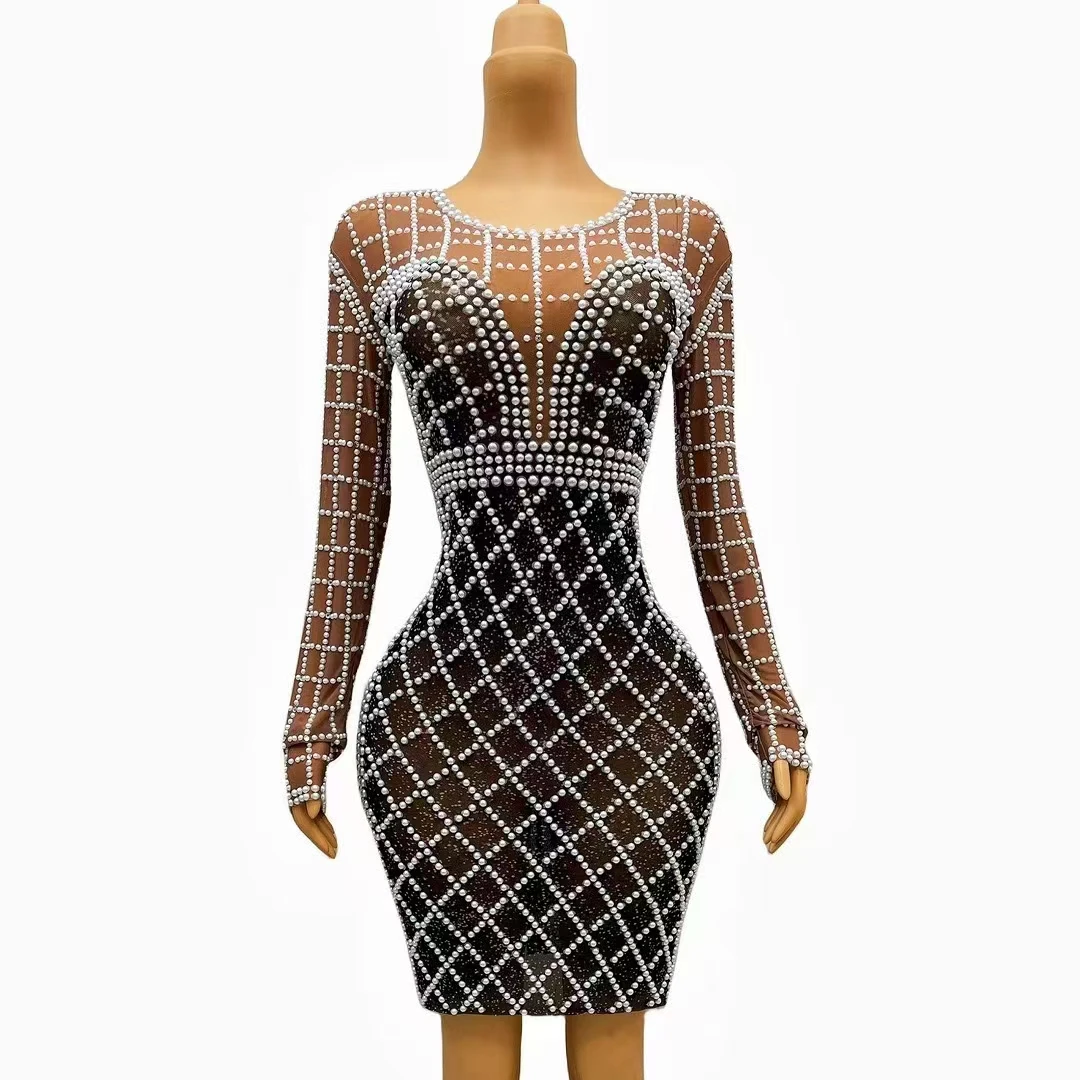 

Sexy Female Short Dress Mesh Black Crystals Rhinestons Evening Party Celebration Nightclub Stage Wear Performance Costume Wome