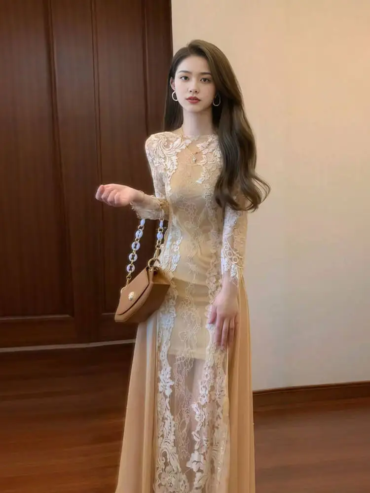 

Elegant Lace Splice Chiffon Dress Slim Fit Butt Covering Spring Fashion Ladies' Dress French Style Long Sleeve round Neck