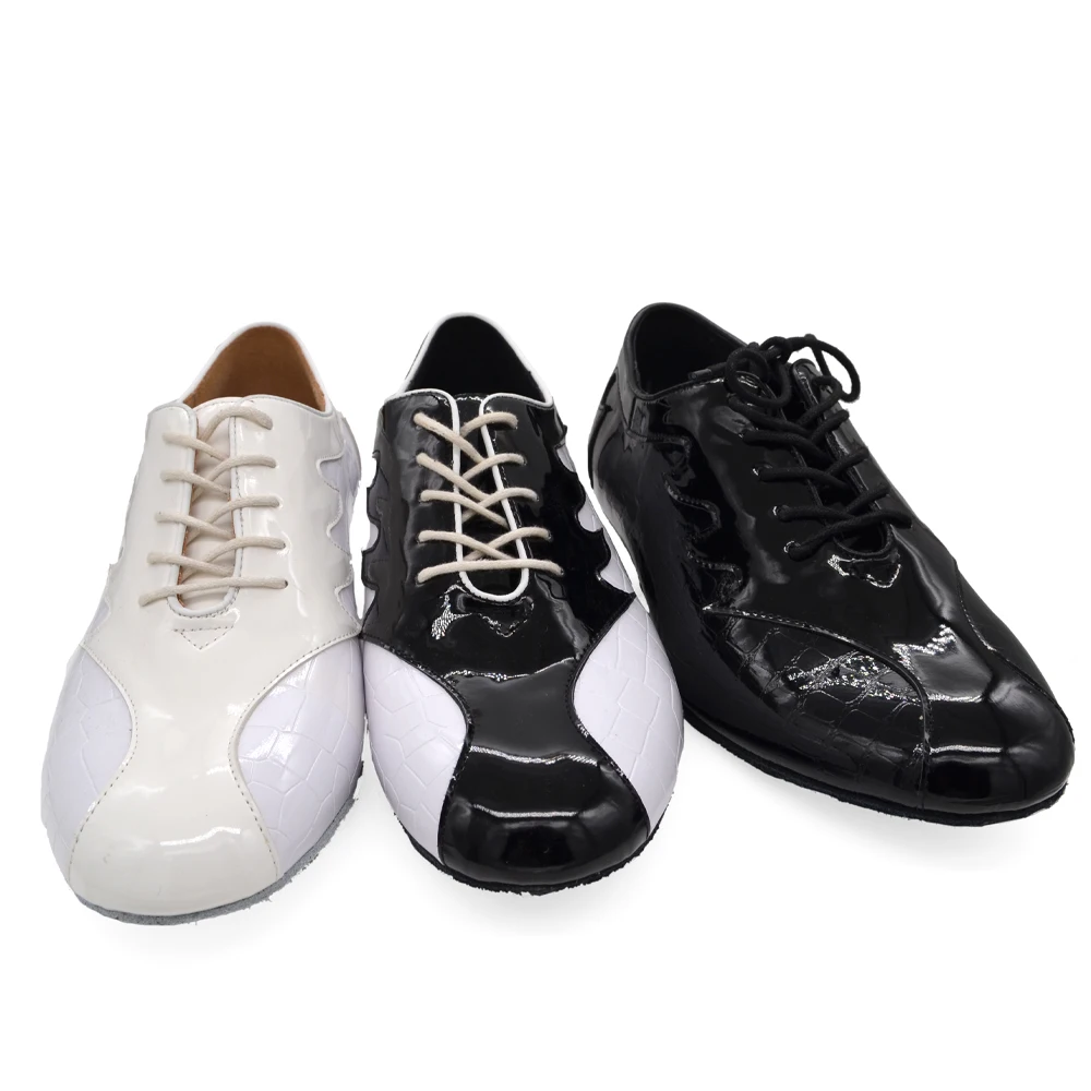 Evkoodance-zapatos de baile latino para hombre, calzado de charol con tacón de 2,5 cm, color negro y blanco, para salón