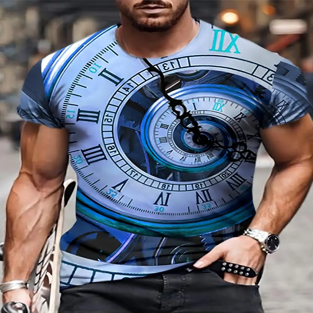 Men's Round Neck Printed Clock Pattern Short Sleeve T-Shirt Men's Street Retro Hip Hop Short Sleeve