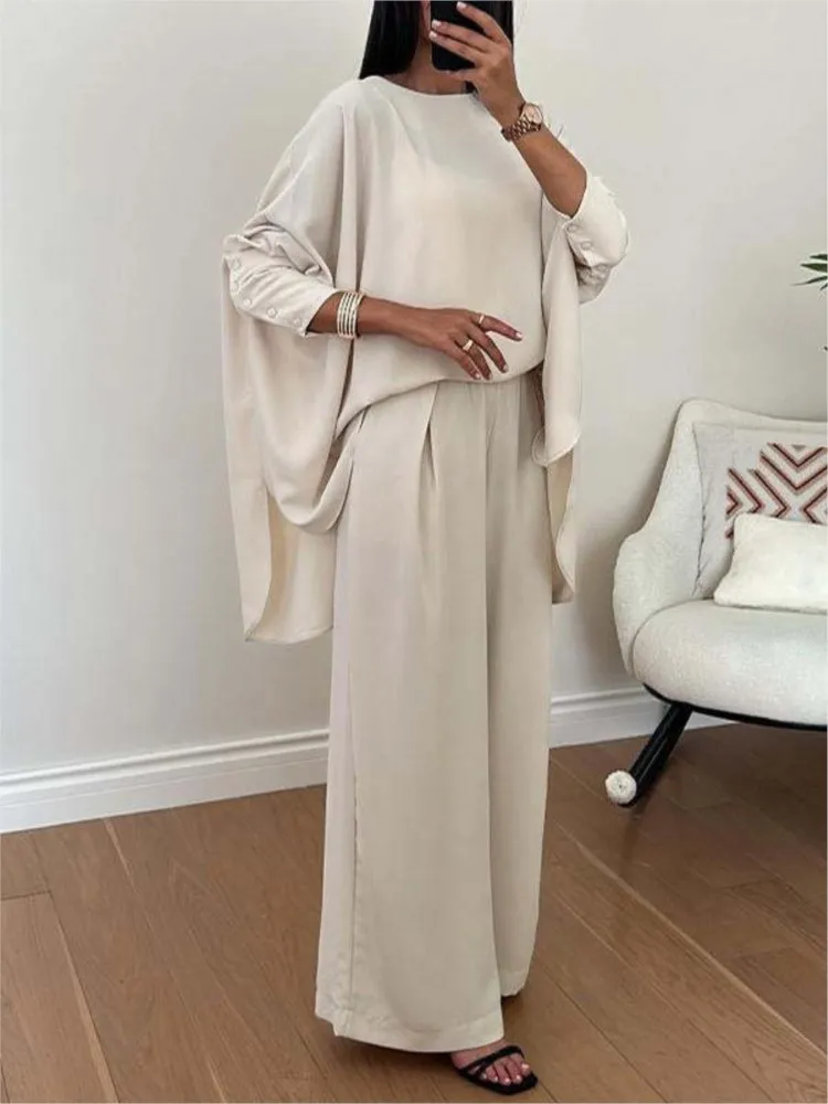 Elegant Women 2Pcs Solid Color Round Neck And Bat Sleeve Loose Blouses Tops Casual Wide Leg Trousers Suit Office Two Piece Sets