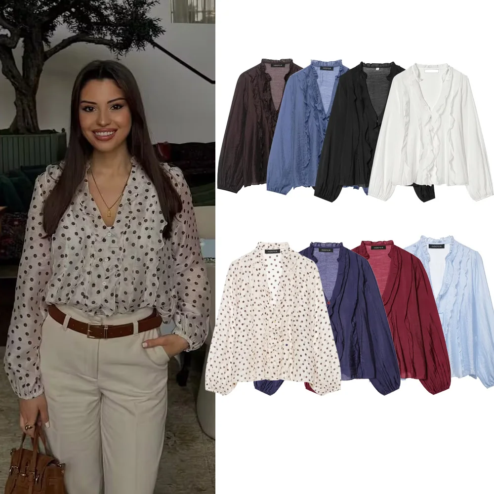 

Women's Polka Dot Ruffled Loose Blouse Shirts Spring Summer Female Layered V-Neck Shirt Lady Casual Fashion Versatile Blouseses
