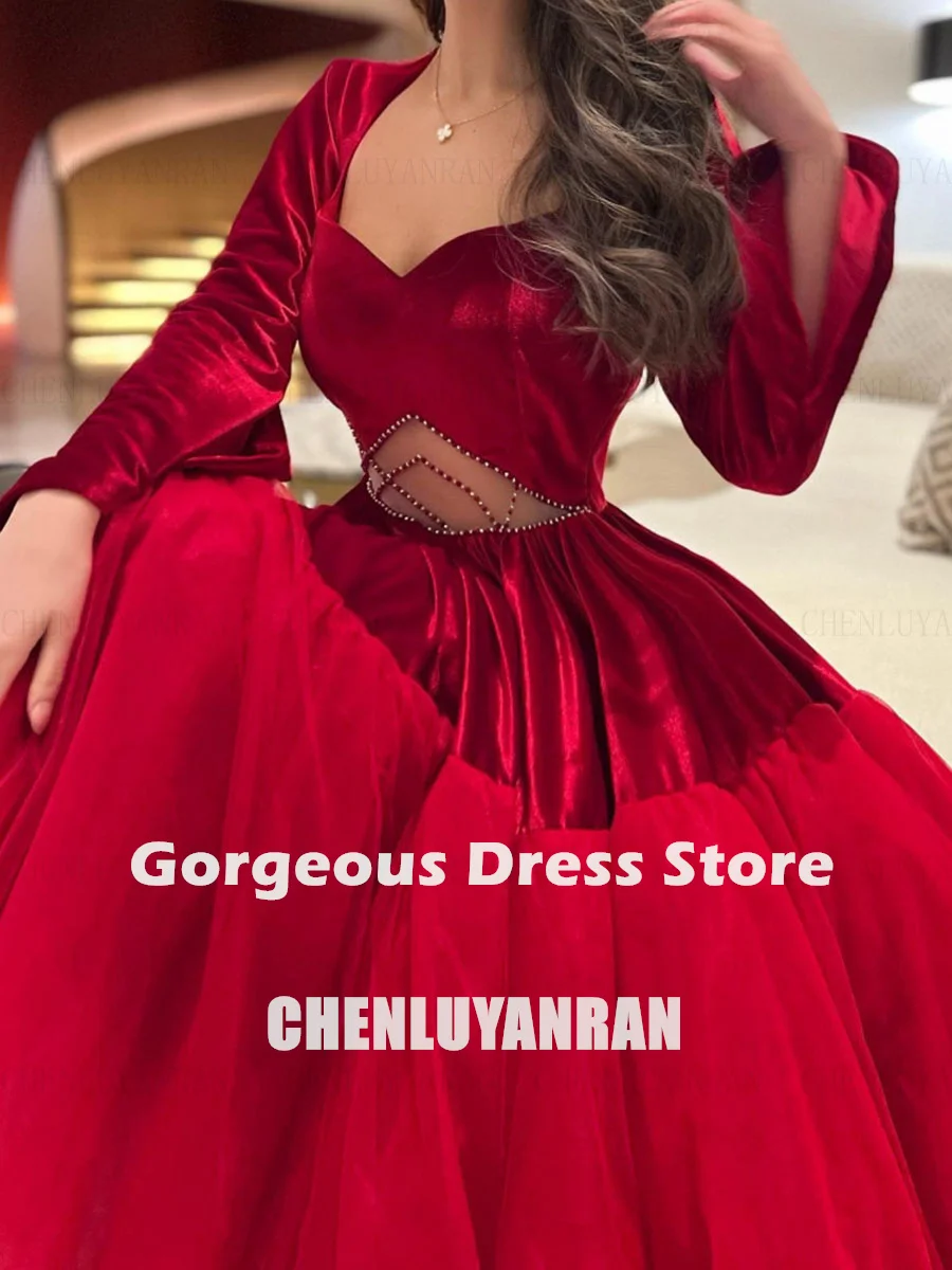 Czerwone welurowe sukienki na formalne okazje 2025 V-Neck Tea-Length Party Dress Beading 3/4 Sleeves Simple Evening Gowns فساتين السهرة
