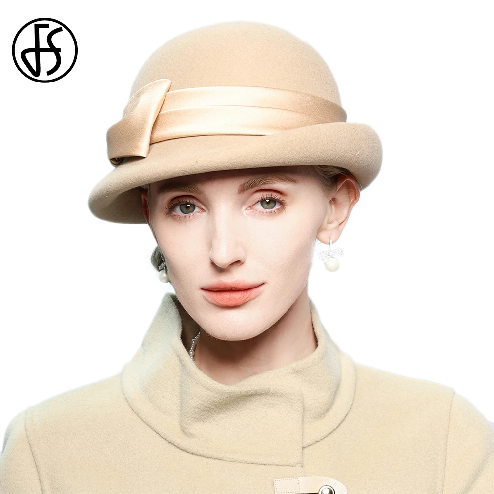 FS Camel Wool Bowler Hats For Women Elegant Church Hat With Bowknot Winter Fedora Millinery Luxury Curl Brim Wedding Derby Cap