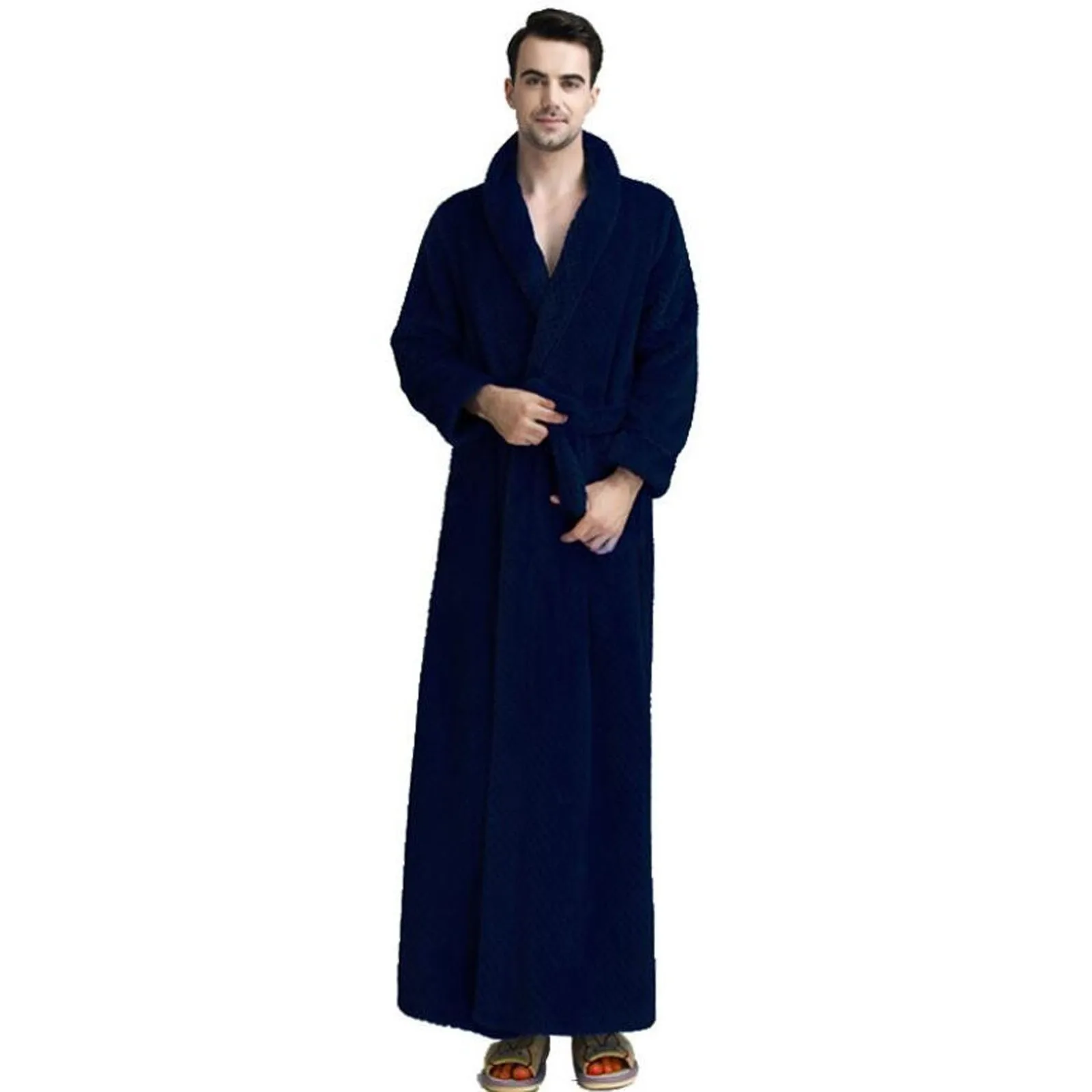 Couple Long Bath Robe Dressing Gown Flannel Fleece Soft Bathrobe Solid Color Causal Fashion Lace-Up Couple Bathrobe With Pockets