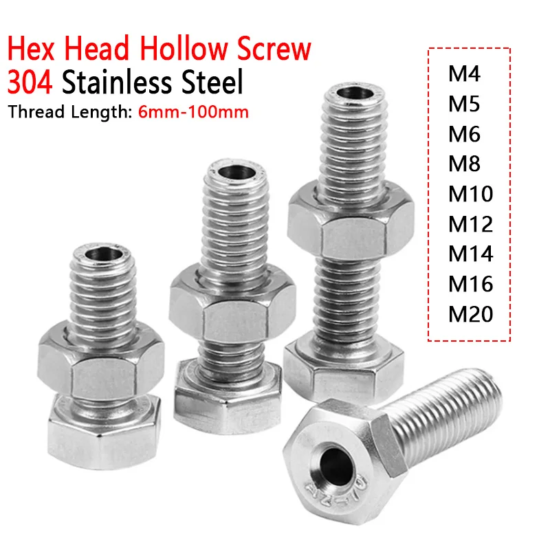 M4 M5 M6 M8 M10~M20 304 Stainless Steel Hollow Hexagon Head Bolt Nut Set Full Thread External Hex Through Hole Screw Nuts Kits