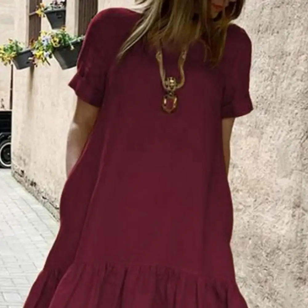 Women Summer Dress O Neck Short Sleeves Ruffle Hem Solid Color Loose A-line Knee Length Casual Soft Daily Beach Dress