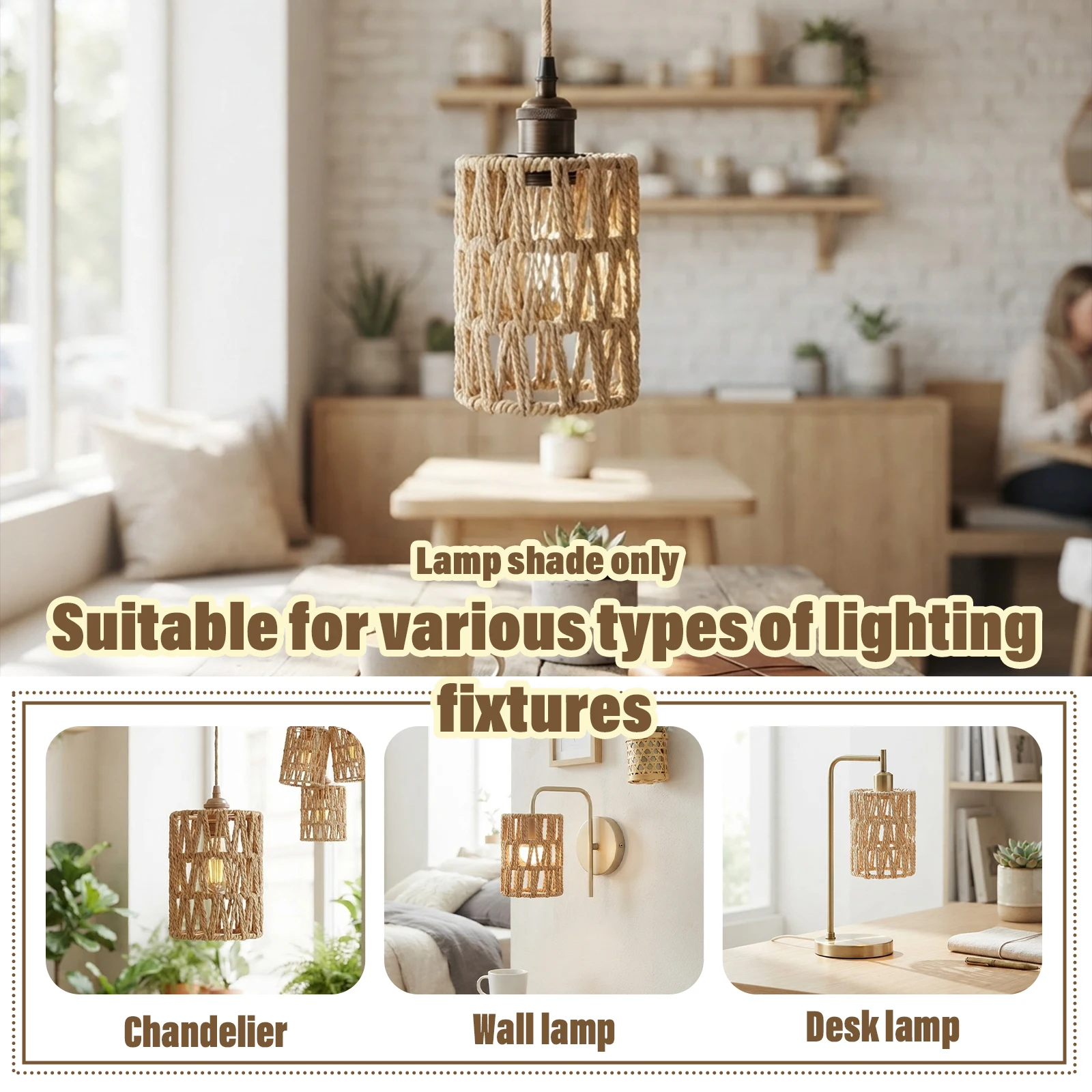 Boho Natural Woven Rope Lamp Shade, Cylindrical Drum Tube Cover for Pendant Light Living Room