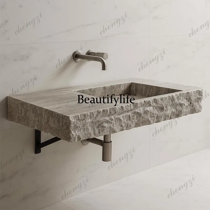 P37 Wabi-Sabi Style Natural Travertine Washbasin Rectangular Art Single Basin Bathroom Bathroom Wall-Mounted Style