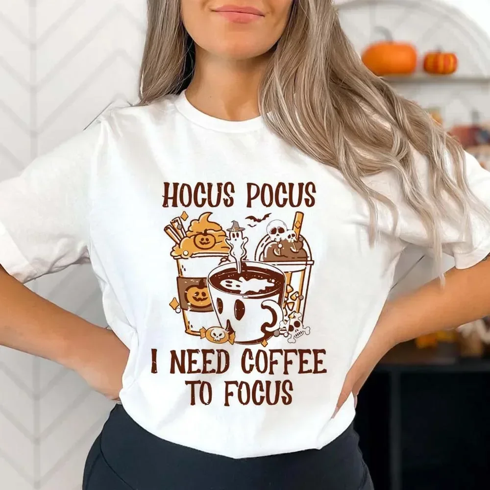 Hocus Pocus I Need Coffee To Focus Cartoon Print Fun Pattern New Halloween O-Neck Fashion Trendy Style Letnia koszulka damska