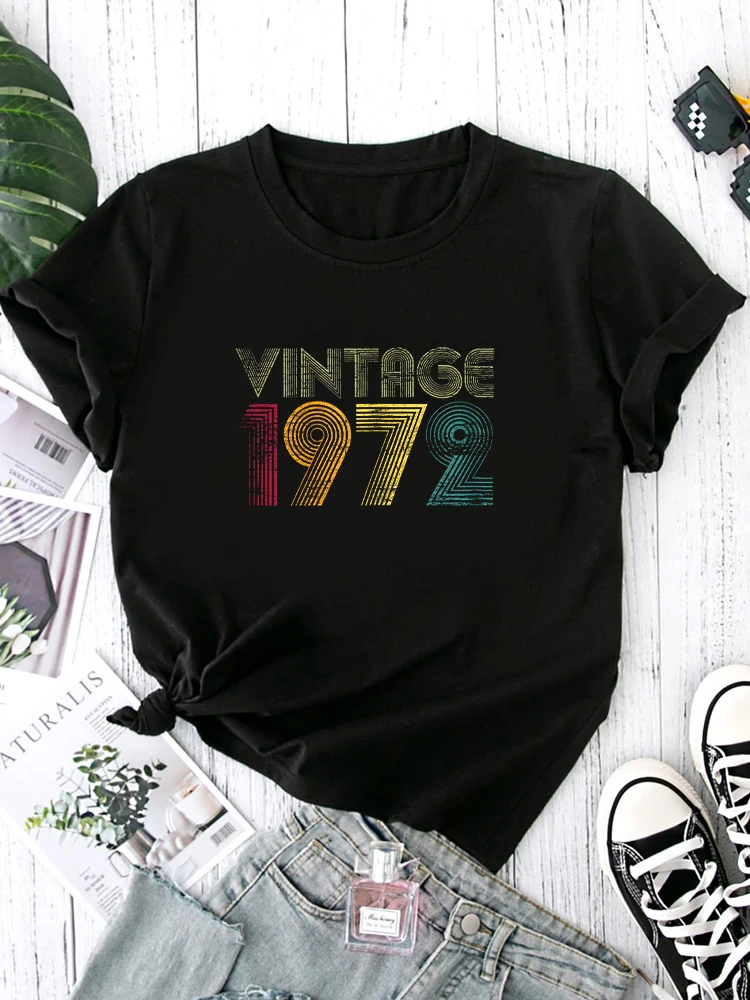 Vintage 1972 Graphic Tee Premium Polyester Breathable Tee Shirt Crew Neck Casual T Shirts For Women