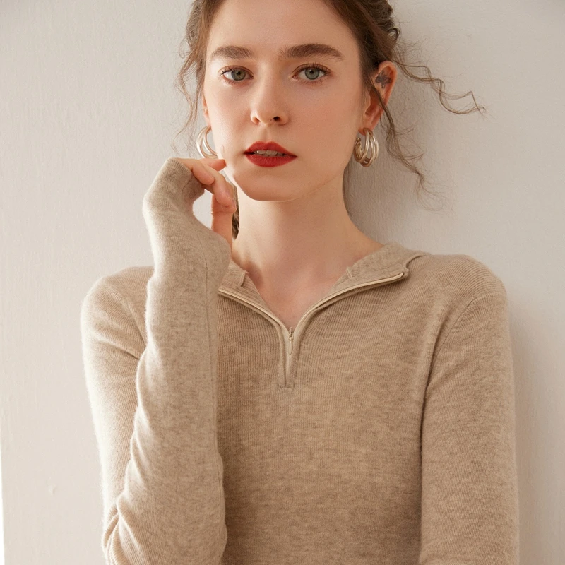 Women's 100% cashmere top fashion versatile knitted loose collar long sleeved pullover solid color minimalist basic sweater