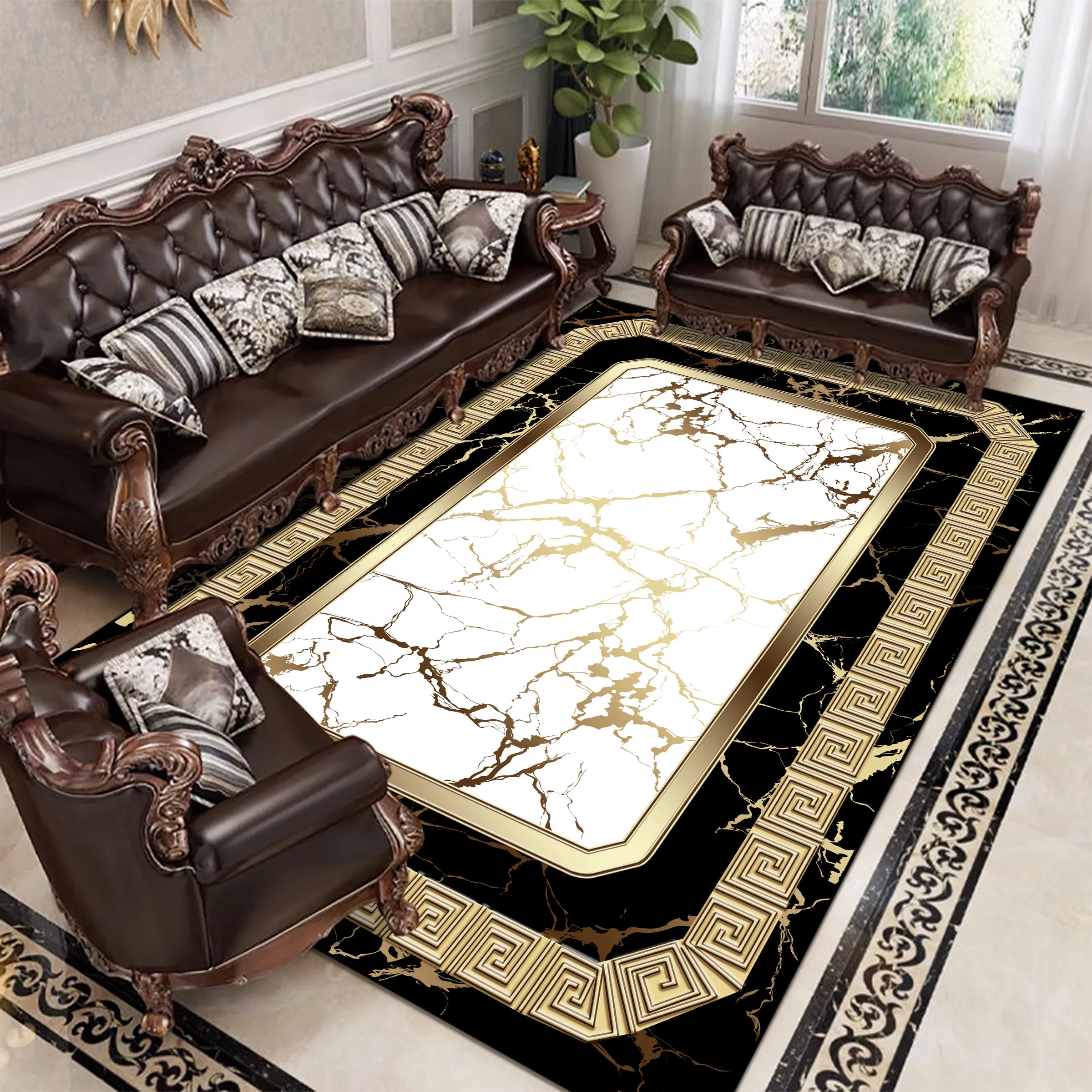 

European Style Luxury Carpets for Living Room Decor Black Gold Sofa Side Floor Mats Large Area Soft Washable Rugs for Bedroom 러그