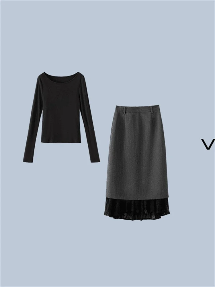 

Корейский модный комплект Aosphere Sensation для женщин: черный топ, новая весенняя коллекция, юбка, футболка с длинным рукавом и круглым вырезом