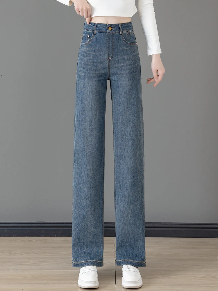 

Женские джинсы с высокой талией, широкими штанинами и эффектом похудения, весна-осень, новый стиль, с вышивкой, прямого кроя, свободные, струящиеся, повседневные брюки