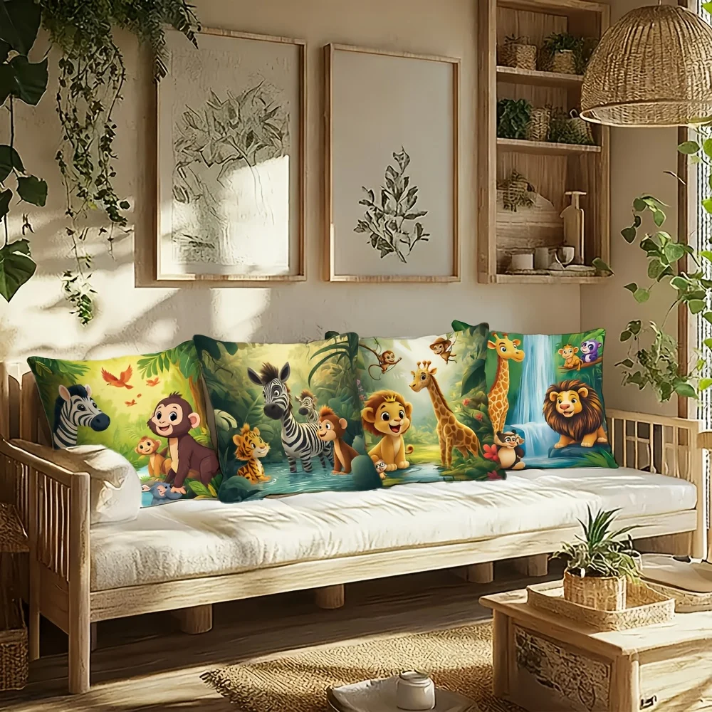 1PC 2D Flat Jungle Safari Animals Throw Pillow Covers Cute Wild Life Printed Cushion Cases for Kids Room Decor No Pillow Core