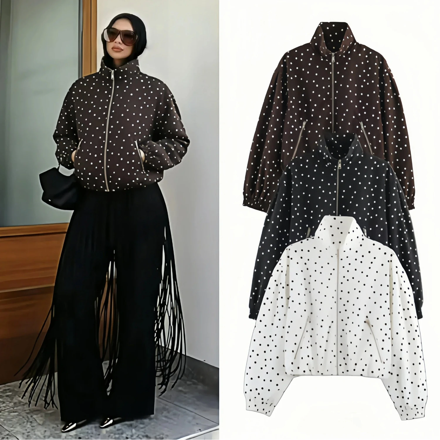 New Style 2026 Fall Polka Dot Funnel Neck Jacket for Women Zip Up Long Sleeve Loose Casual Vintage Streetwear Jacket
