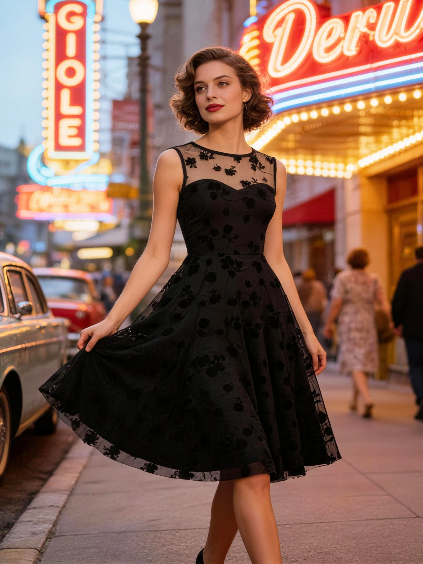 Tonval Floral Flocking Mesh Overlay Elegant High Waist Black Dresses for Women Sleeveless A Line Prom Party Vintage Dress
