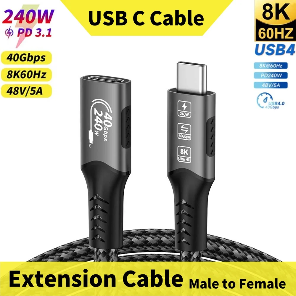 USB C Extension Cable 240W Male to Female type-c cable 8K@60Hz USB4 cable for Laptop Phone Tablet Monitor Desktop Hubs Hard Disk