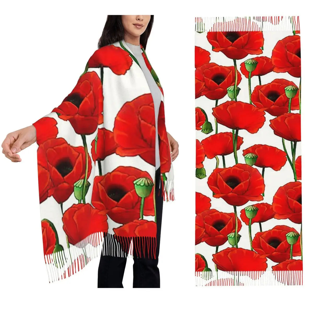 Poppy Pattern Scarf Tassel Scarves for Women Soft Warm Shawls and Wraps Long Fall Winter Shawl Wrap